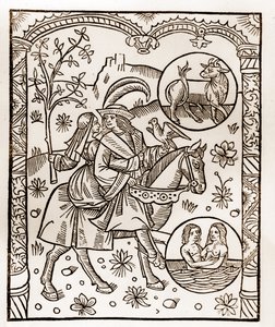Calendario del pastor - Los trabajos de los meses - Mayo - Xilografía del libro de 1496 impreso por Guy Marchant (Guido Mercator) en Troyes - Grabado en madera en “Le grand Calendrier et compost des shepherds” de Guy Marchant