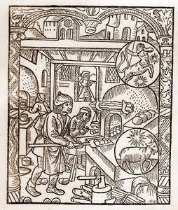 Calendario del pastor - Los trabajos de los meses - Noviembre - Xilografía del libro de 1496 impreso por Guy Marchant (Guido Mercator) en Troyes - Grabado en madera en “Le grand Calendrier et compost des shepherds” - Horno de pan de Guy Marchant