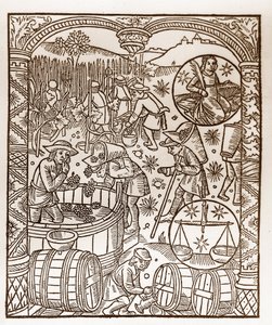 Calendario del pastor - Los trabajos de los meses - Octubre - Xilografía del libro de 1496 impreso por Guy Marchant (Guido Mercator) en Troyes - Grabado en madera en "Le grand Calendrier et compost des shepherds" - La cosecha - y los signos del zodiaco: el de Guy Marchant