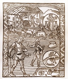 Calendario del pastor - Los trabajos de los meses - Septiembre - Grabado en madera del libro de 1496 impreso por Guy Marchant (Guido Mercator) en Troyes - En primer plano, campesinos sembrando a voleo - Grabado en madera en 