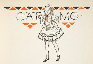 Ilustración de Alicia con un pastelito con las palabras "Cómeme". de Gwynedd M. Hudson
