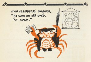 Ilustración de un cangrejo vestido de profesor que lleva un libro y un látigo de Gwynedd M. Hudson