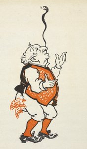 Ilustración de un hombre elegantemente vestido haciendo equilibrios con una serpiente en la nariz.