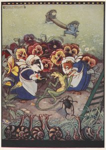 Ilustración de dos cobayas vestidas de sirvientas cuidando de un lagarto mientras dos erizos llevan una camilla al fondo para ayudarle. de Gwynedd M. Hudson