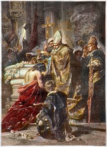 El Bautismo de San Esteban (c970-1038), Santo y Primer rey de Hungría - bautizado por San Adalberto de Praga Después de una obra de Gyula Benczur de Gyula Benczúr