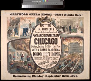 Anuncio de un drama panorámico y diorámico sobre el incendio de Chicago de 1871 en el Griswold Opera House, 1878