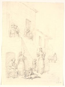 Mujeres y niños fuera de una casa italiana de H.W. Bissen