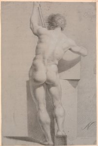 Modelo de pie. Vista desde la espalda. Bastón en la mano izquierda de H.W. Bissen
