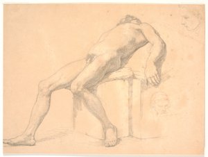 Estudio de hombre desnudo reclinado. A la derecha, dos cabezas de retrato, una posiblemente Constantin Hansen de H.W. Bissen