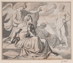 Hoja alegórica. Un ángel pone la mano en el hombro de un hombre y señala una estatua de H. C. Henneberg