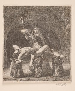 Sigyn sostiene el cuenco entre la serpiente y Loki de H. C. Henneberg