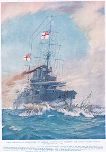 HMS Birmingham comandado por el Capitán Arthur Duff, embistiendo el submarino alemán U15 el 9 de agosto de 1914, ilustración de 