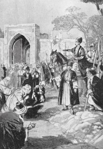 Bokhara abre su puerta al mongol Ogodai Khan, 1231 d.C. (litografía)