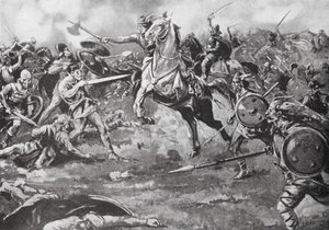 Los francos ayudan a derrotar a los hunos (litografía) de H. M. (after) Burton