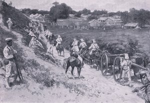Expedición del Almirante Seymour: tropas japonesas en marcha (litografía) de H. M. Koekkoch