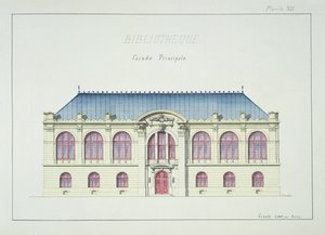 Fachada principal de una biblioteca, lámina XII de un folio de diseños, c.1870 de H. Monnot