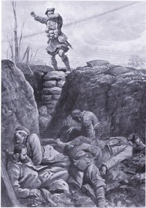 El soldado Brown (Gordon Highlander) bombardeando al enemigo en una trinchera alemana desde la cima de una barricada de H. Ripperger