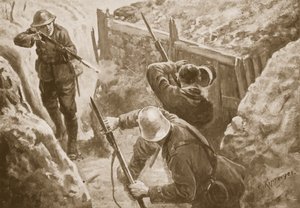 El soldado J. Hutchinson disparando a dos centinelas alemanes al liderar un ataque a una trinchera alemana