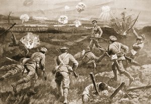 El sargento H. Wells liderando un pelotón hacia los enredos de alambre alemanes después de que su oficial fuera asesinado