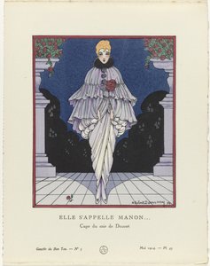 Gazette du Bon Ton, 1914 - No. 5, Pl. 45: Su nombre es Manon (...) / Capa de noche de Doucet (título sobre objeto) de H. Robert Dammy