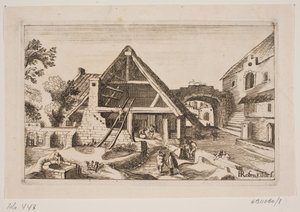 Interior de ciudad con establo y el nacimiento de Jesús de H. Rosenkilde