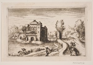 Paisaje fluvial con castillo en una colina de H. Rosenkilde