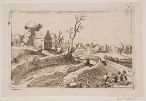 Paisaje con capilla con una pequeña cruz en el hastial de H. Rosenkilde