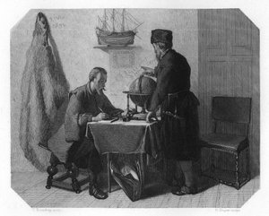 Willem Barents y Jacob van Heemskerk trazando su ruta, 1596 c1870 de H. Sluyter