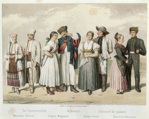 Trajes de campesinos de Rumania, Hungría, Eslovaquia y Alemania, de 