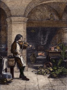 Jean Baptiste Lully (Giovanni Battista Lulli) (1632-1687), compositor francés, entonces “galopin” o marmitón de Mademoiselle de Montpensier. Grabado por T. Meyer-Heine (Meyer Heine) de un dibujo de Hippolyte de La Charlerie (1827-1867). de H. de la (after) Charlerie