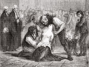 La tortura de Madame de la Motte, grabado por Meyer-Heine, de 