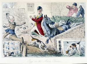 Lucha entre un granjero y un cazador. Caricatura inglesa sobre la caza del zorro de las "aventuras de Thomas Scott o Hawbuck Grange", ilustración de H.K. Browne y W.T. Maud