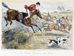 Escena de caza, caricatura inglesa sobre la caza del zorro, tomada de las “aventuras de Thomas Scott o Hawbuck Grange”, ilustración de H.K. Browne y W.T. Maud