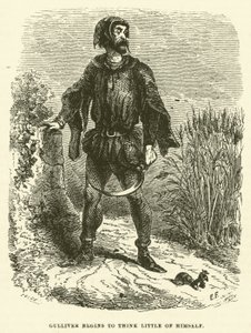 Gulliver empieza a pensar poco de sí mismo (grabado)