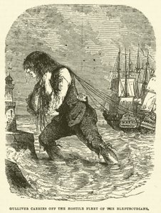 Gulliver se lleva la flota hostil de los Blefuscudianos (grabado)