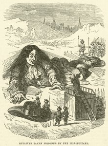 Gulliver hecho prisionero por los liliputienses (grabado)