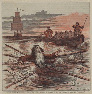 Peter Wilkins, viajando desde la Isla Voladora, es recogido cerca del Cabo de Hornos por el barco "Héctor" de after Hablot Knight Browne