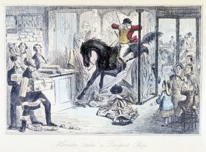 Cazador de caballos entrando accidentalmente en una tienda de telas. Caricatura inglesa sobre la caza de 