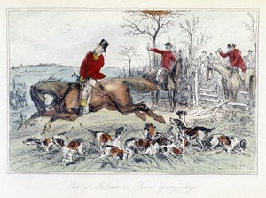 Escena de caza en "Las aventuras de Thomas Scott", ilustración de H.K. Browne y W.T. Maud; caricatura inglesa sobre la caza del zorro
