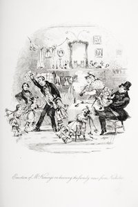 Emoción del Sr. Kenwigs al escuchar las noticias familiares de Nicholas, ilustración de 