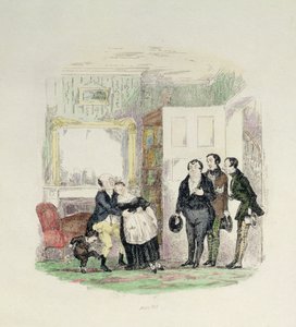 El Sr. Pickwick es encontrado por sus amigos con la Sra. Bardell en sus brazos, ilustración de 