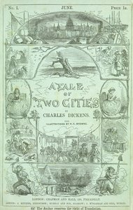 Página de título de la primera parte de la primera edición en partes serializadas del libro Una historia de dos ciudades de Charles Dickens, 1859 de Hablot Knight Browne
