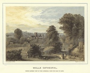 Catedral de Wells, vista noreste de la catedral desde el camino a Bath de Hablot Knight Browne
