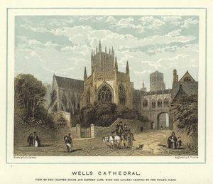 Catedral de Wells, vista de la sala capitular y la puerta oriental, con la galería que conduce al Vicar