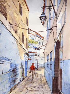 Un visitante, Chefchaouen, Marruecos, c.2024 (acuarela y tinta) de Hadley Rampton