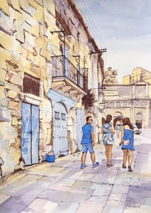 Trío en azul, La Valeta, Malta, c.2024 (acuarela y tinta) de Hadley Rampton