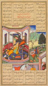 Isfandiyar mata a Arjasp, el rey de Turán, del libro Shah-nama Libro de los Reyes de Firdausi..., 1600-16 de Haidar Kashmiri