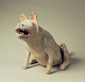 Perro sentado de cerámica china temprana, artefacto de tumba, Dinastía Han, 206 a.C.-220 d.C.