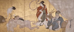 Seven Gods Of Good Fortune (tinta, color y pan de oro sobre papel, pantalla séxtuple) de Hanabusa Itcho