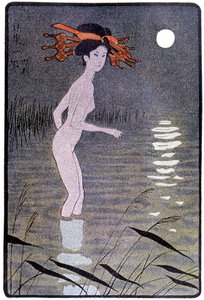 Joven japonesa bañándose en un estanque a la luz de la luna - en “Muñeca japonesa” de Félicien Champsaur, ilustrado por Hanafusa Itcho, París